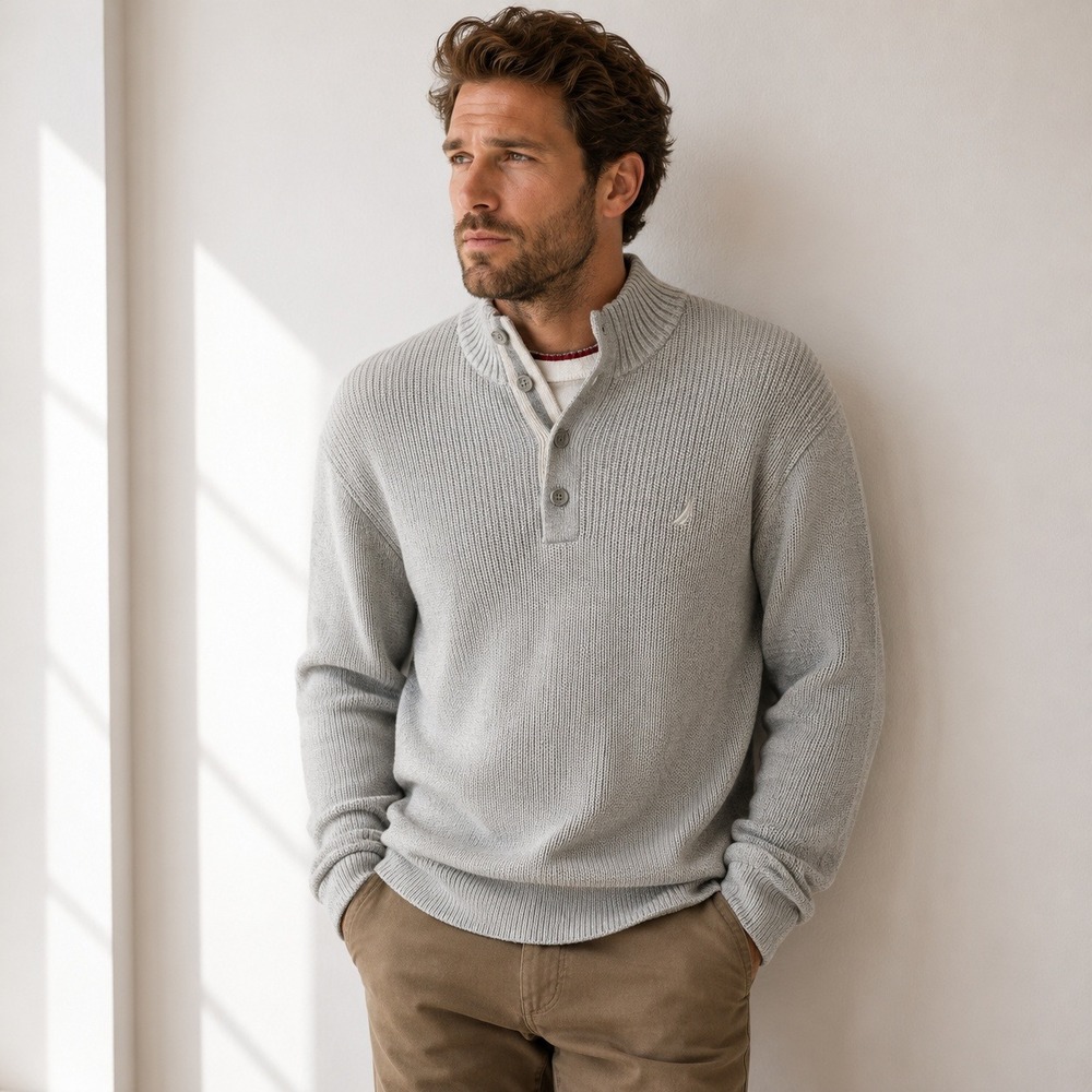 Nautica Sweater Light Grey Ribbed Cotton Button Mock Neck Preppy Men XL